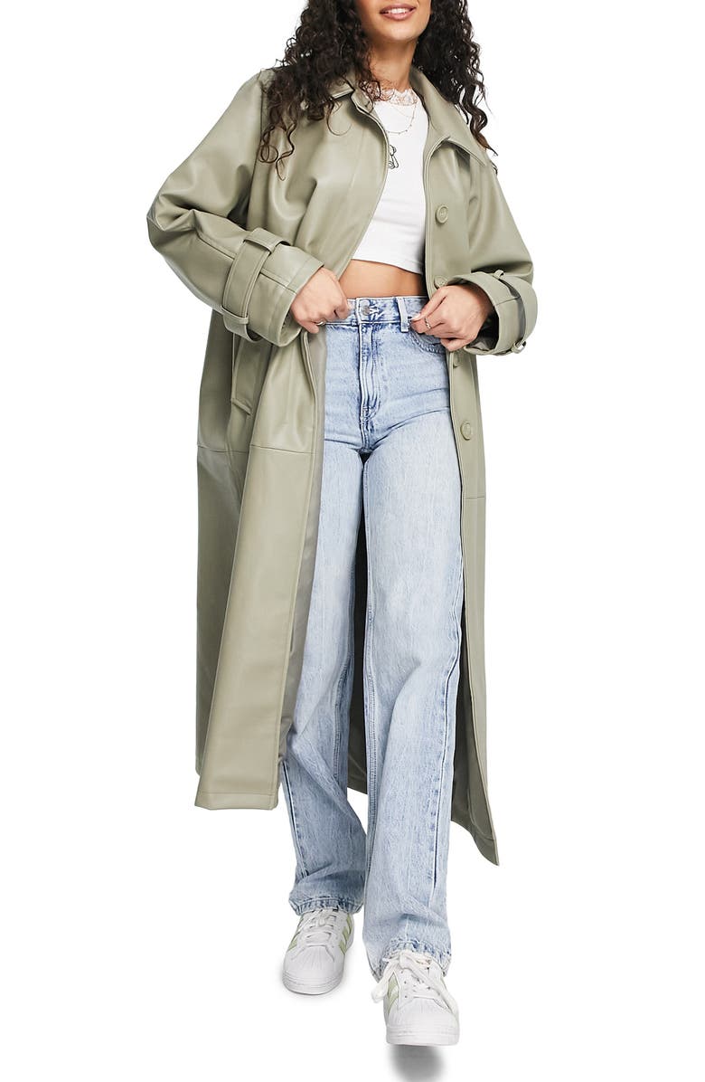 ASOS DESIGN Faux Leather Trench Coat, Main, color,