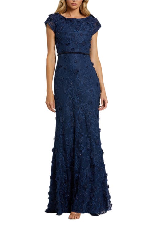 Mac Duggal Floral Applique Boar Neck Short Sleeve Gown In Midnight