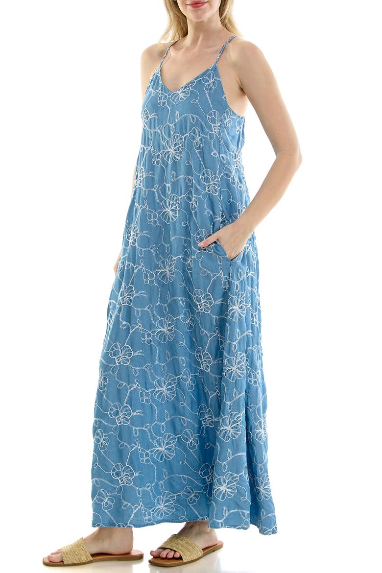Floral Embroidered Maxi Slipdress, Alternate, color, MEDIUM WASH