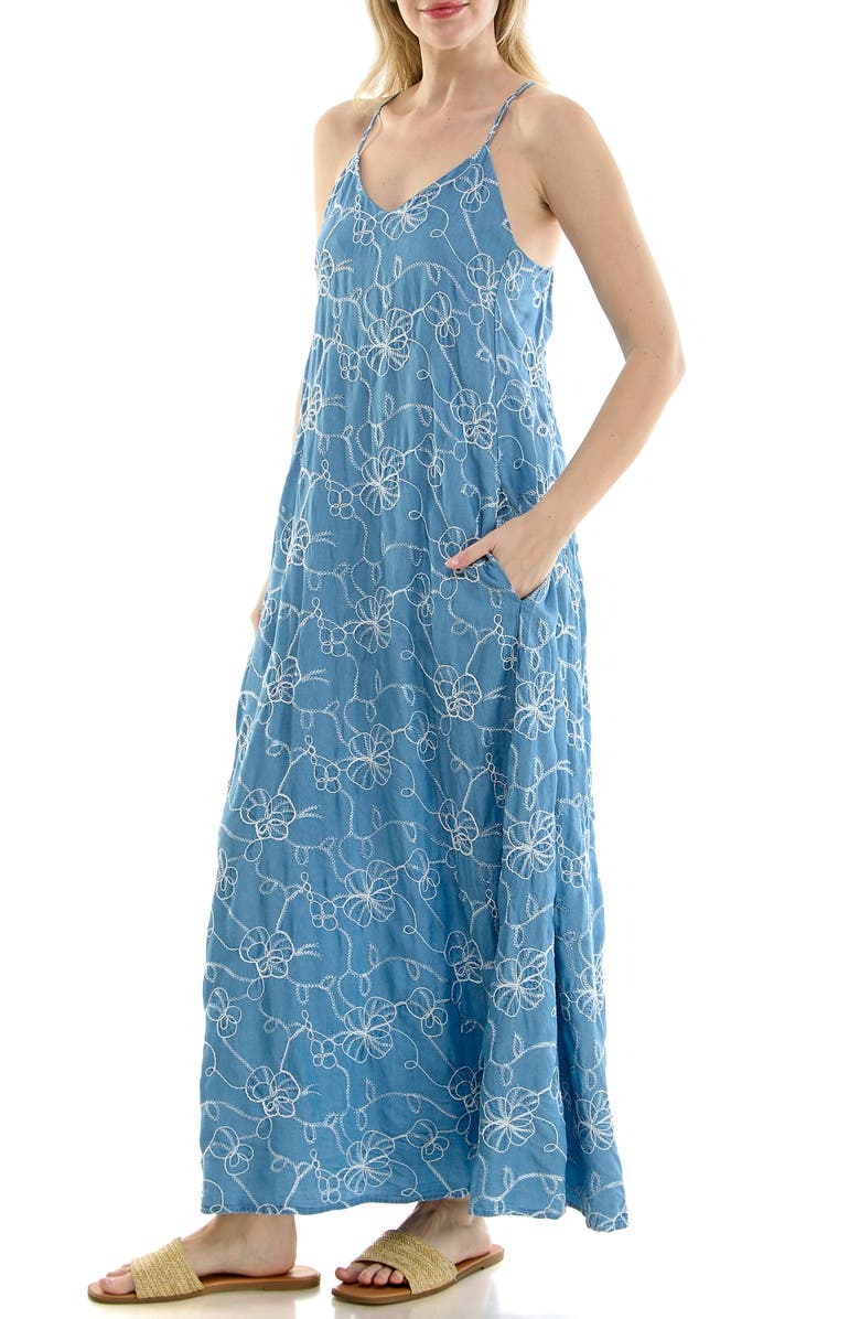 Nicole Miller Floral Embroidered Maxi Slipdress, Alternate, color, Medium Wash