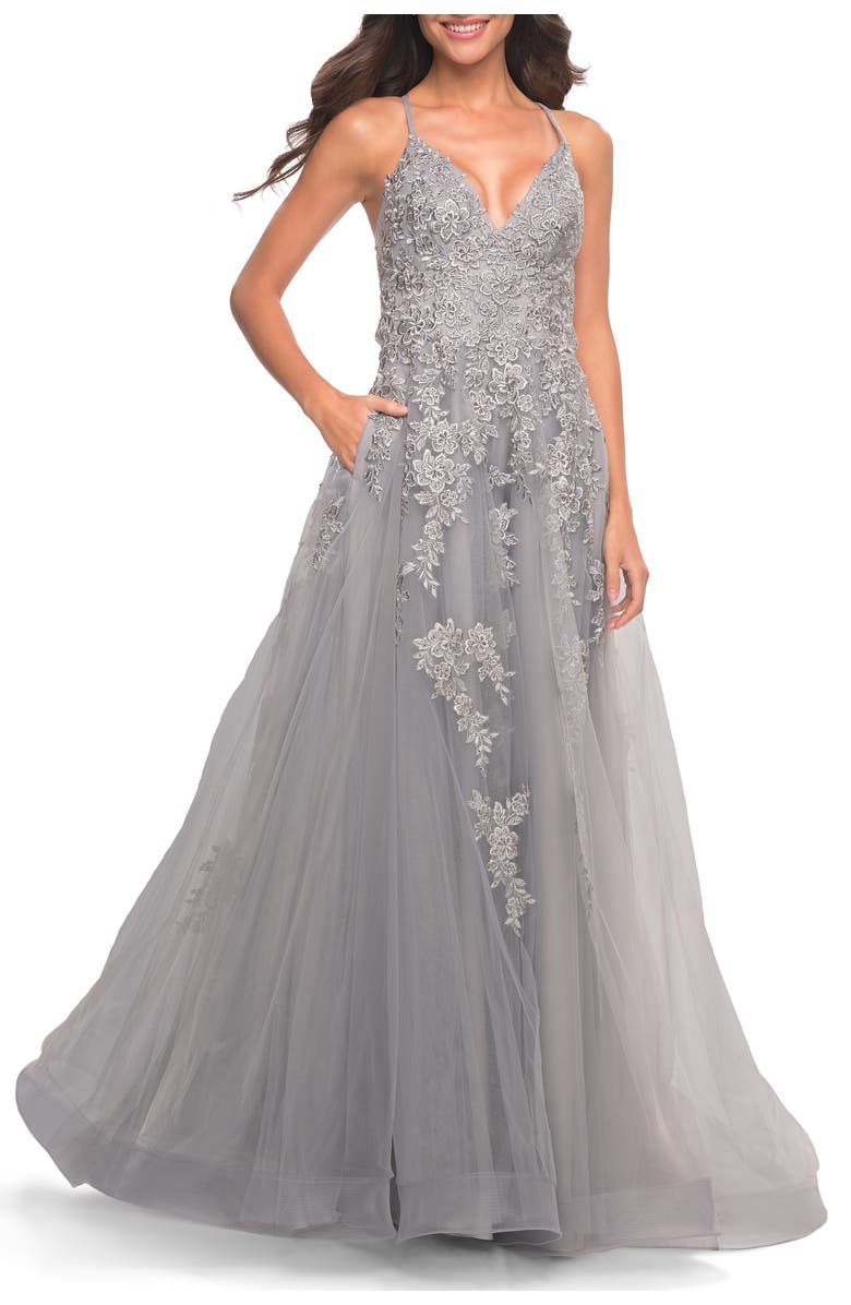 La Femme Tulle Prom Dress with Lace Detail in Silver, Alternate, color, Silver
