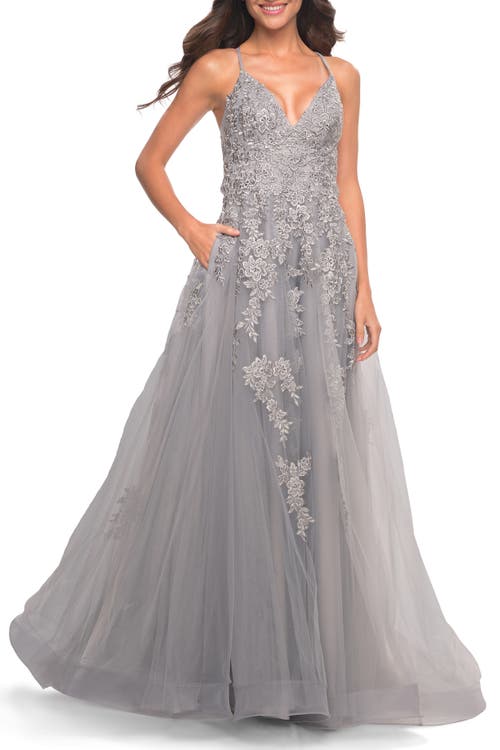 La Femme A-line Tulle Ball Gown In Platinum In Gray