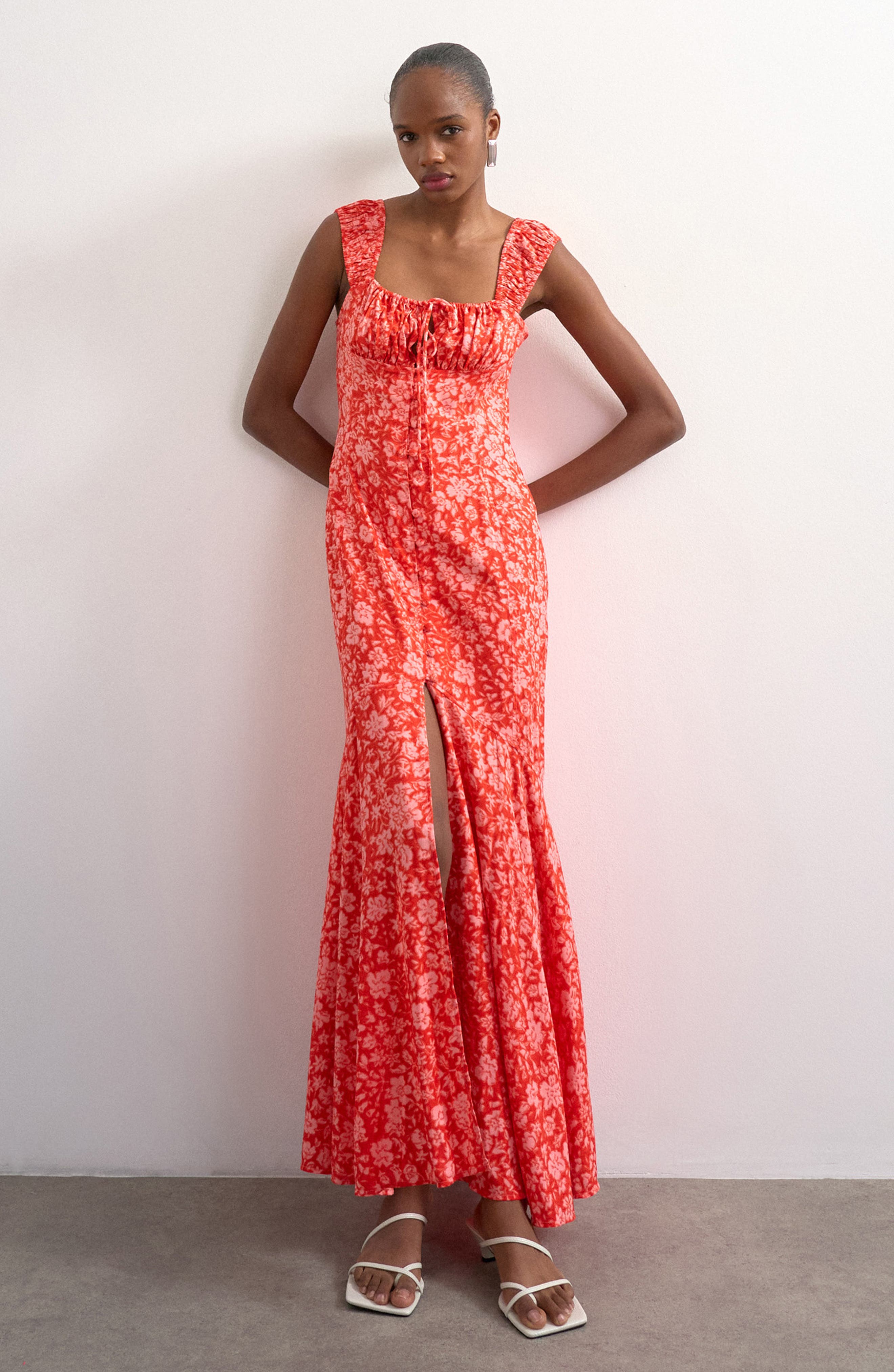 Button Front Cap Sleeve Maxi Dress