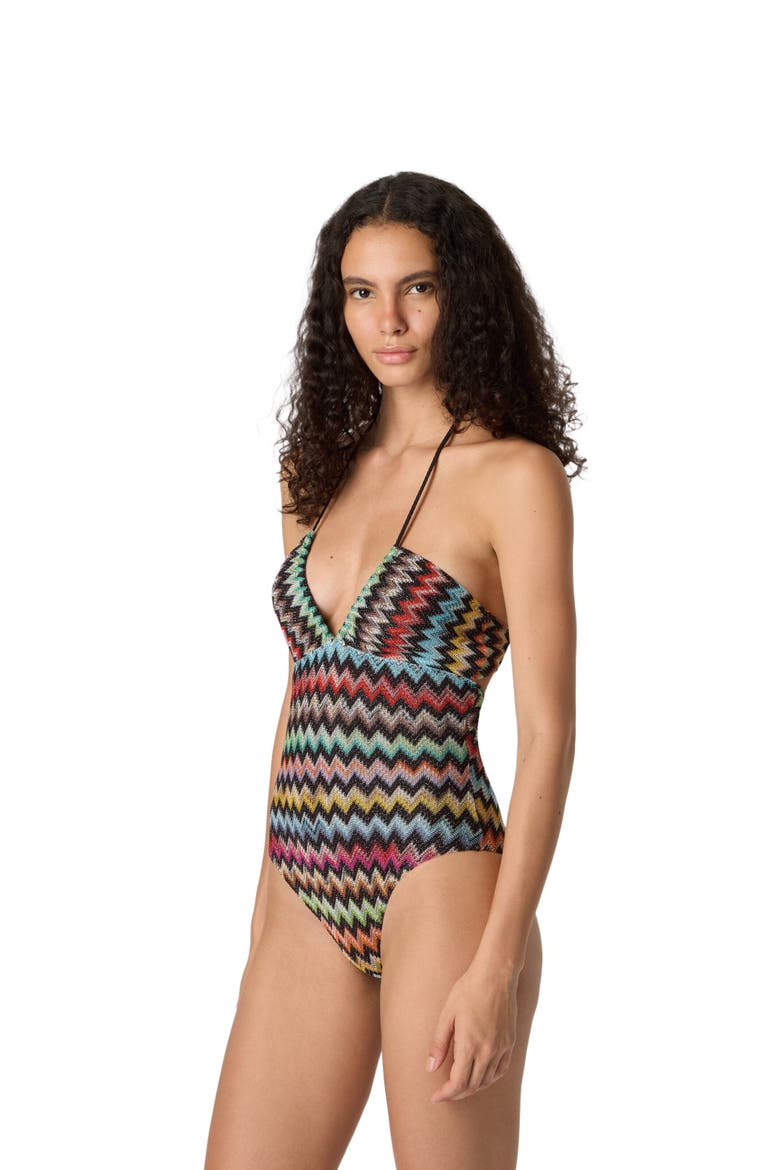 One-piece Swimsuit In Lamé Viscose With Micro Zigzag Pattern, Main, color, Black & Multicoloured