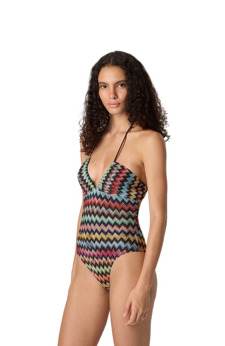 Missoni One-piece Swimsuit In Lamé Viscose With Micro Zigzag Pattern, Main, color, Black & Multicoloured