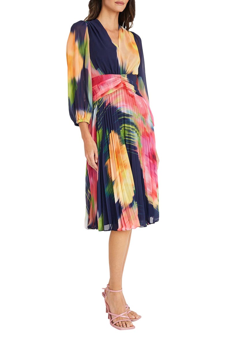 Floral Pleated Dress, Alternate, color, NAV/YELLOW