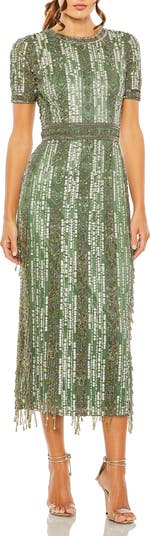 【Mac Duggal】High Neck Fringe Column Gown 関税送料込 Mac Duggal High Neck Short Sleeve Crystal Fringe Column