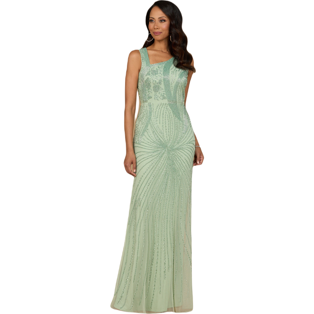 Lara New York Asymmetrical, Beaded Gown In Mint