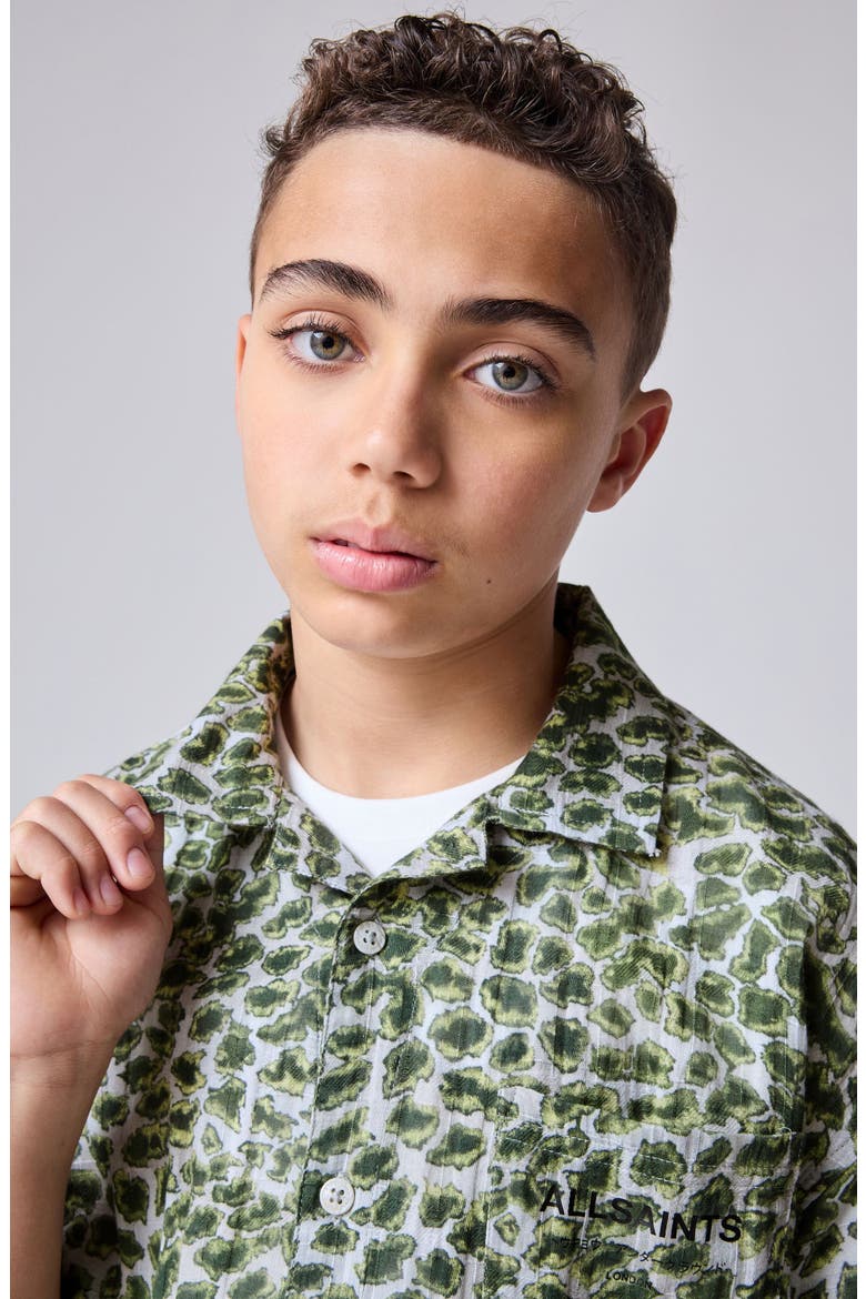 Kids' Animal Print Short Sleeve Cotton Button-Up Shirt, Alternate, color, GREEN