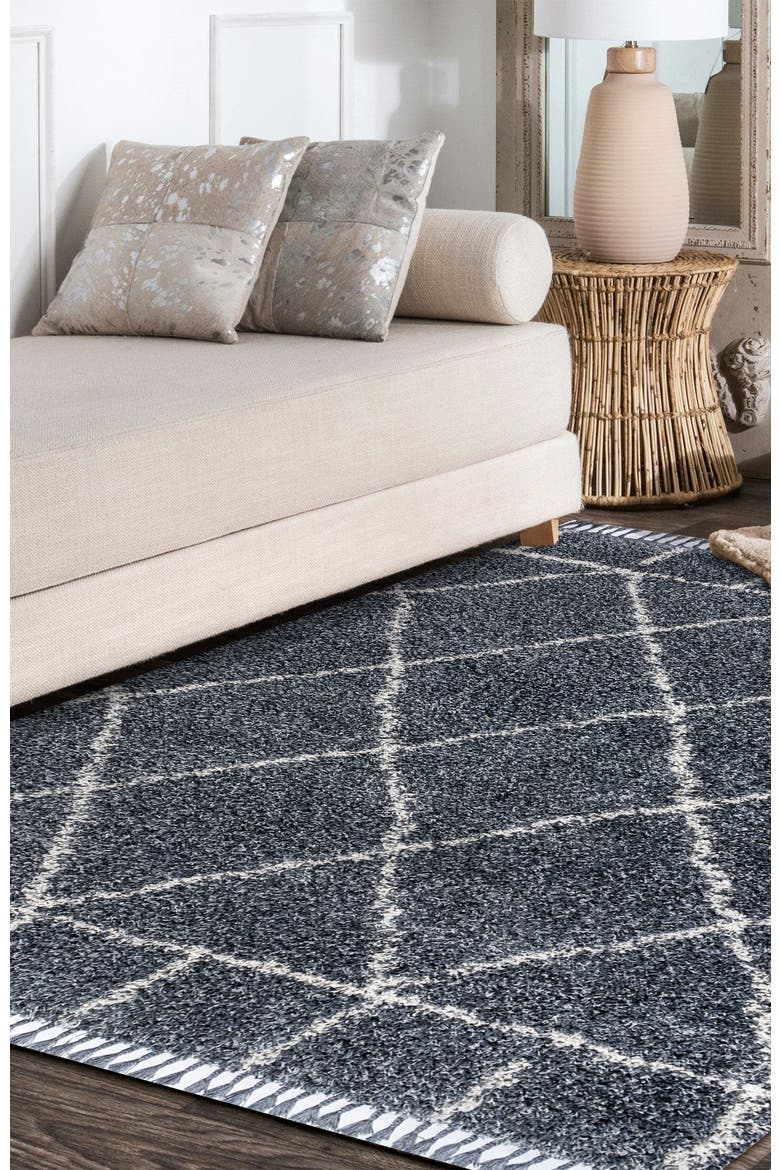 Mercer Shag Plush Tassel Moroccan Geometric Area Rug, Alternate, color, Blue/Cream