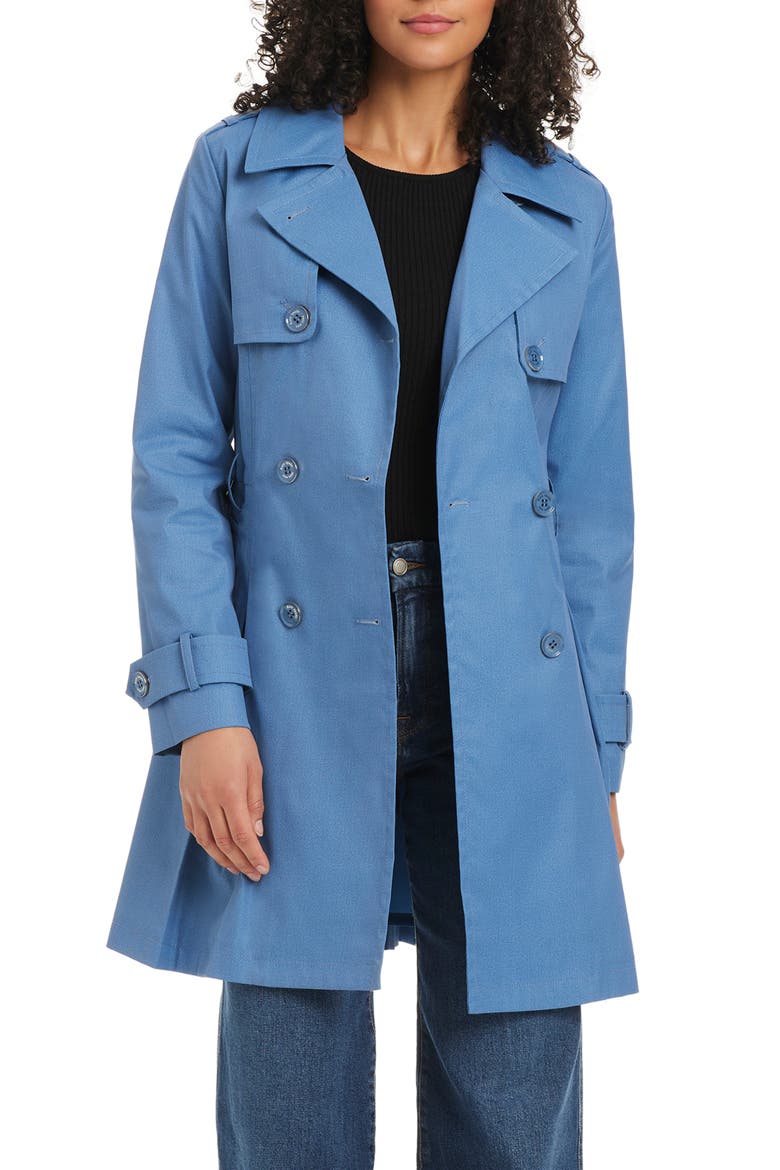 belted double breasted pleated trench coat, Alternate, color, PRINTED DENIM