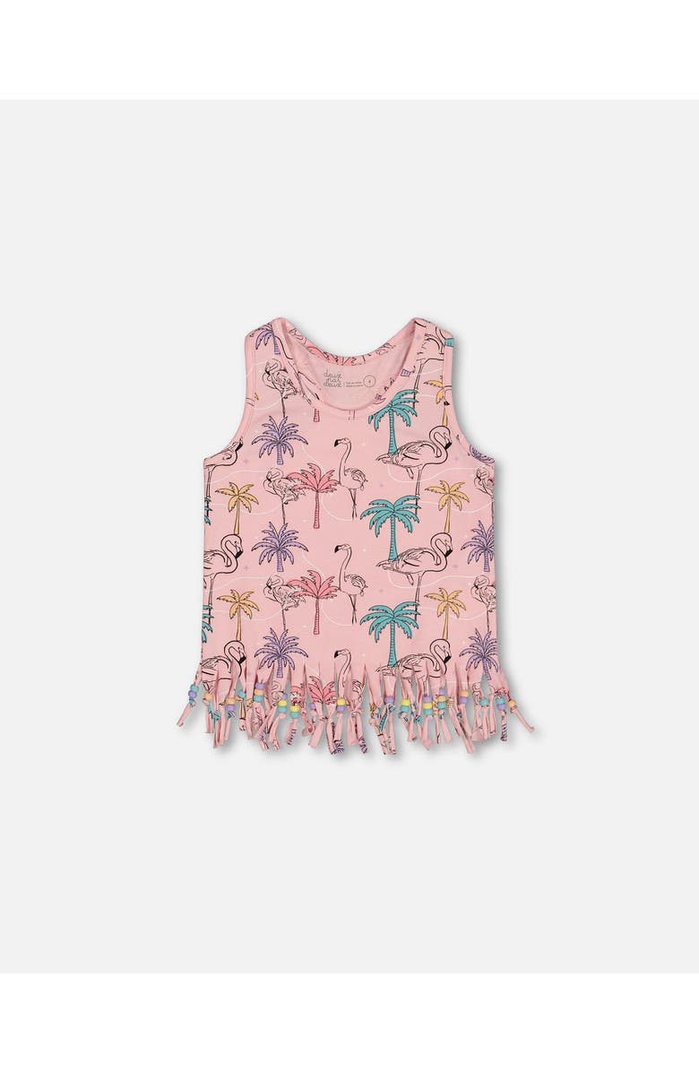 Deux par Deux Girl's Printed Organic Cotton Tank Top With Fringe Palm Trees, Pink Flamingo, And Turquoise, Main, color, 