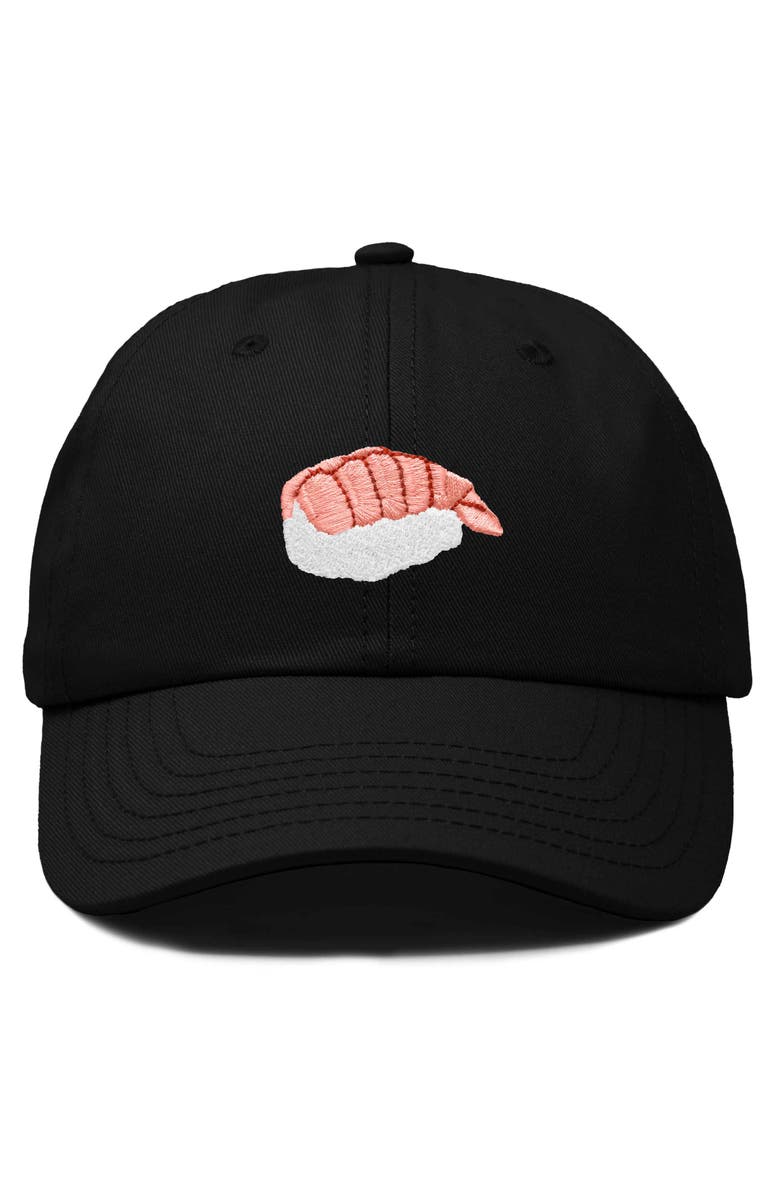 Dalix Shrimp Sushi Embroidered Dad Cap, Main, color, Black