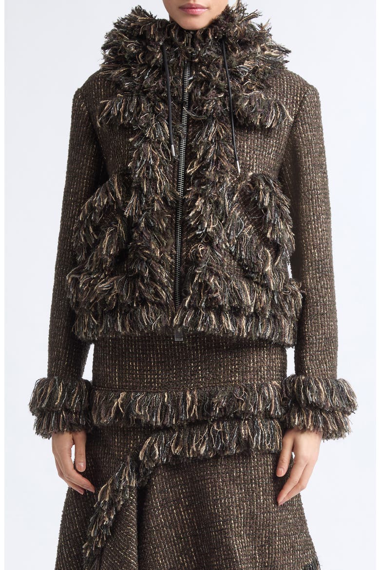 Fringe Wool Blend Tweed Hooded Jacket, Main, color, BROWN