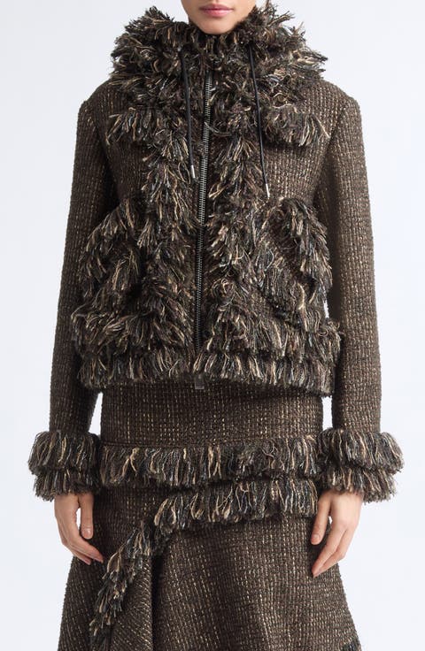 Fringe Wool Blend Tweed Hooded Jacket
