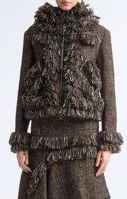 Sacai Fringe Wool Blend Tweed Hooded Jacket
