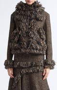 Sacai Fringe Wool Blend Tweed Hooded Jacket