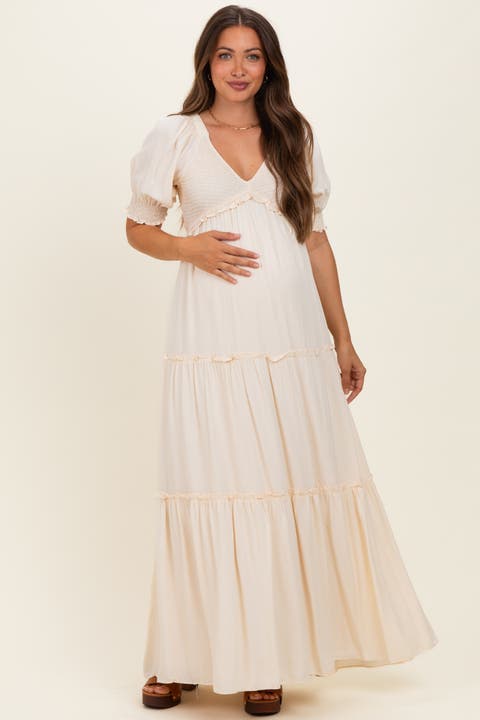 V-neck Smocked Tiered Maxi Dresses