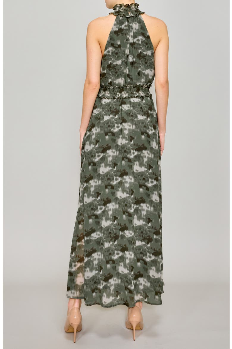 Printed Mock Neck Chiffon Maxi Dress, Alternate, color, KHAKI CHARCOAL MULTI