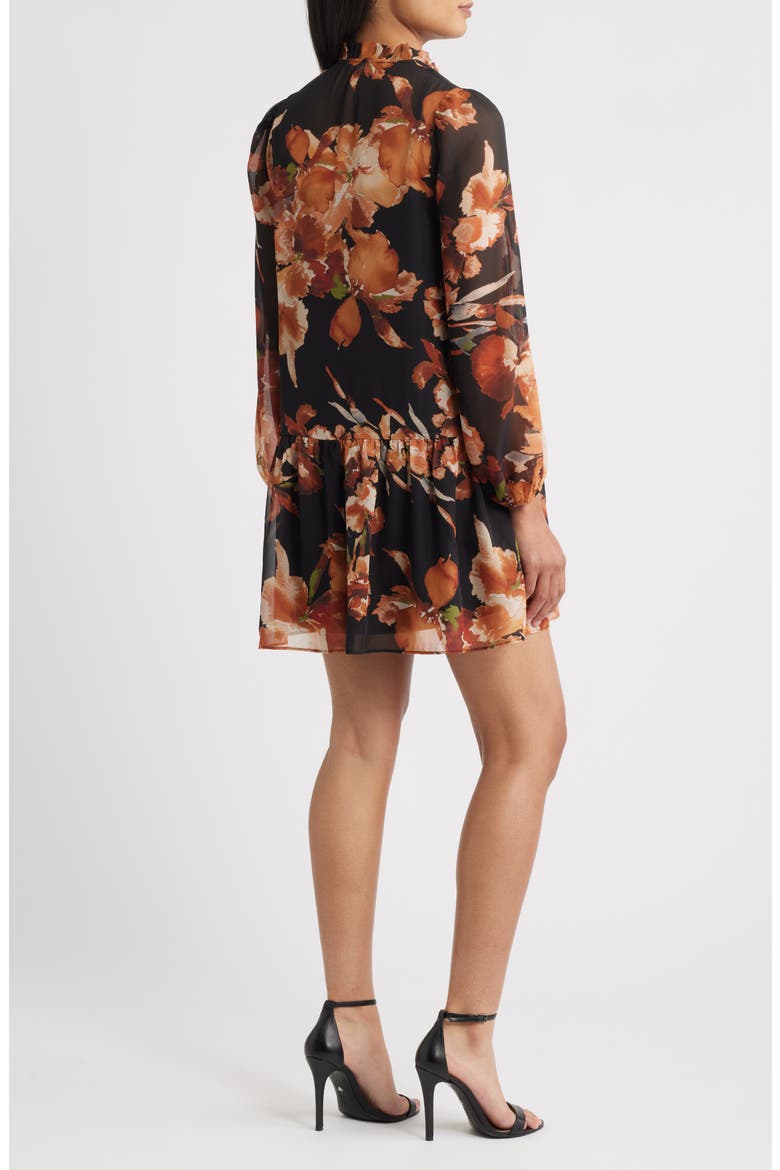 Floral Long Sleeve Drop Waist Minidress, Alternate, color, BLACK MULTI