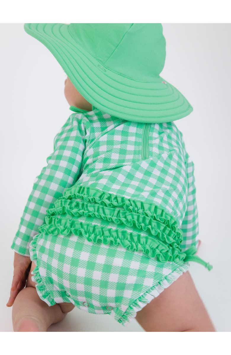 RuffleButts Baby Girls Gingham Long Sleeve UPF50+ One Piece Rash Guard, Alternate, color, Spring Bud Gingham