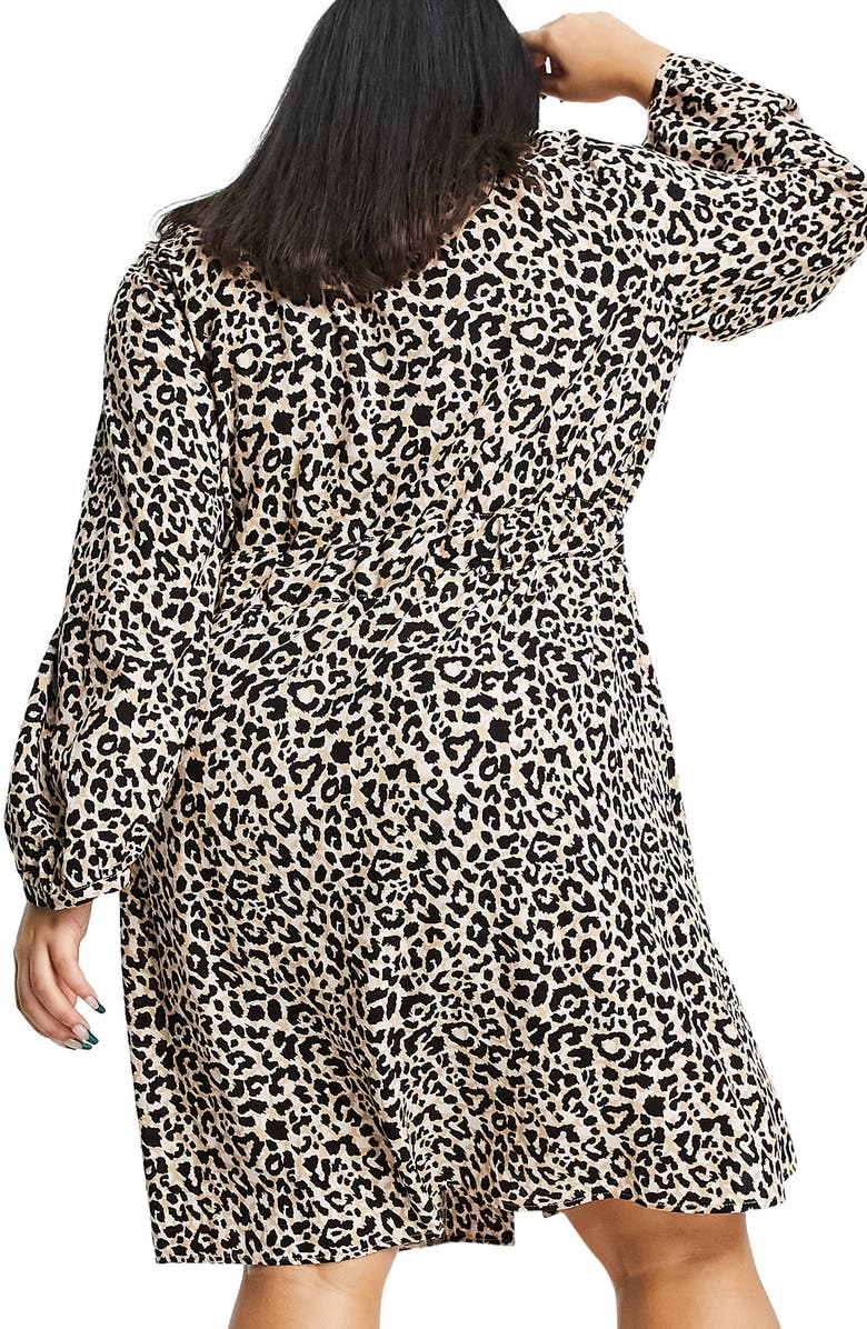 ASOS DESIGN Curve Animal Print Long Sleeve Drawstring Waist Minidress, Alternate, color, 