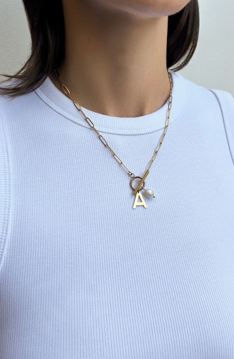 Adornia 18K Gold Plated Pearl & Initial Toggle Pendant Necklace, Alternate, color, White/ Gold-A