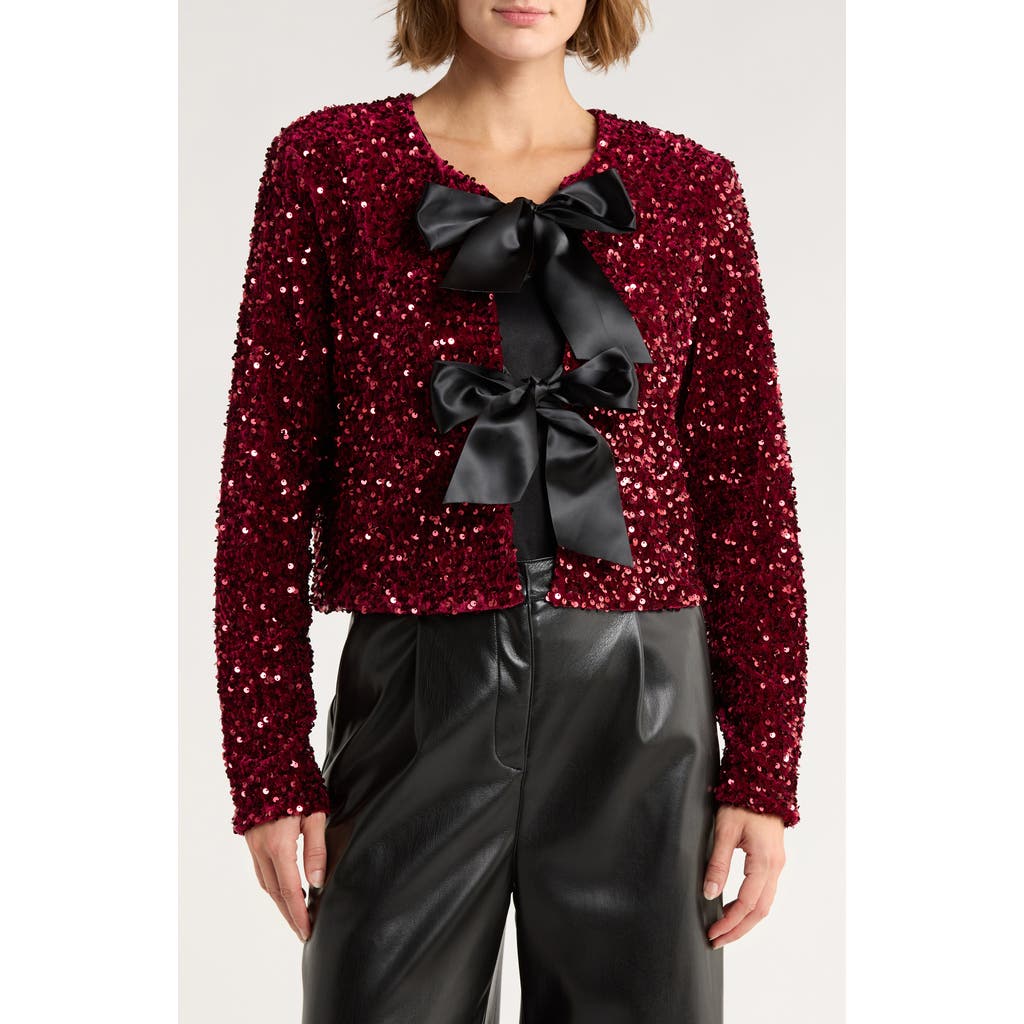 Vigoss Satin Bow Sequin Jacket In Burgundy