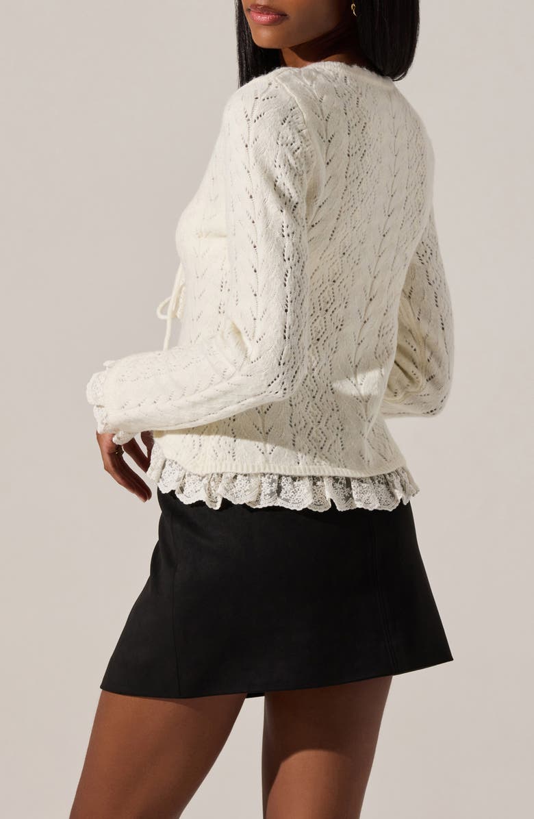 ASTR the Label Lacey Ruffle Pointelle Tie-Front Cardigan, Alternate, color, Cream
