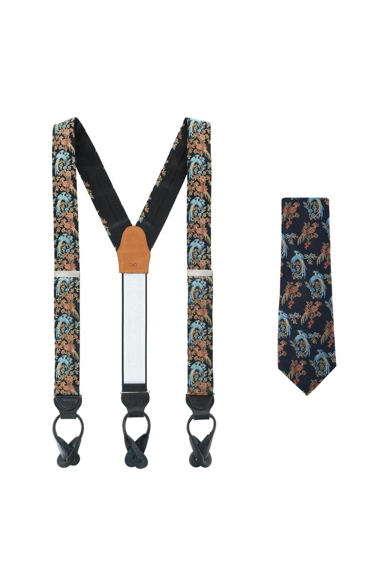 Trafalgar Birds of Prosperity Silk Button End Suspenders (Braces) and Necktie Set, Main, color, Black