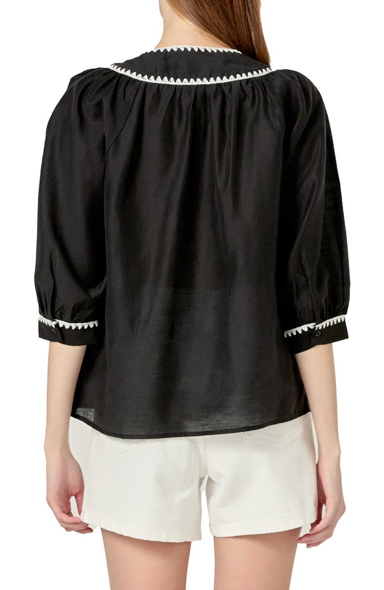 English Factory Embroidered Tie Neck Top, Alternate, color, Black/ White