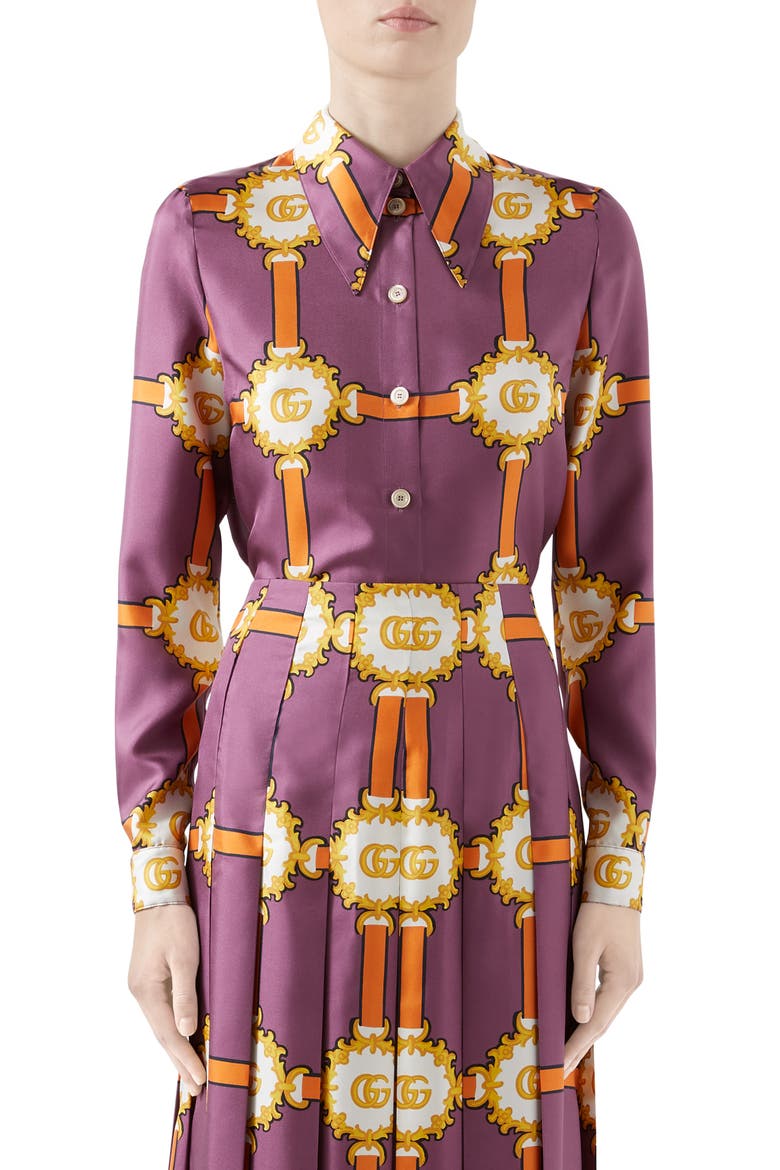 GG Doubloon Harness Print Silk Twill Blouse, Main, color, VIOLET/ ORANGE PRINT