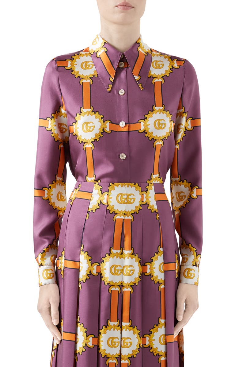 Gucci GG Doubloon Harness Print Silk Twill Blouse, Main, color, 