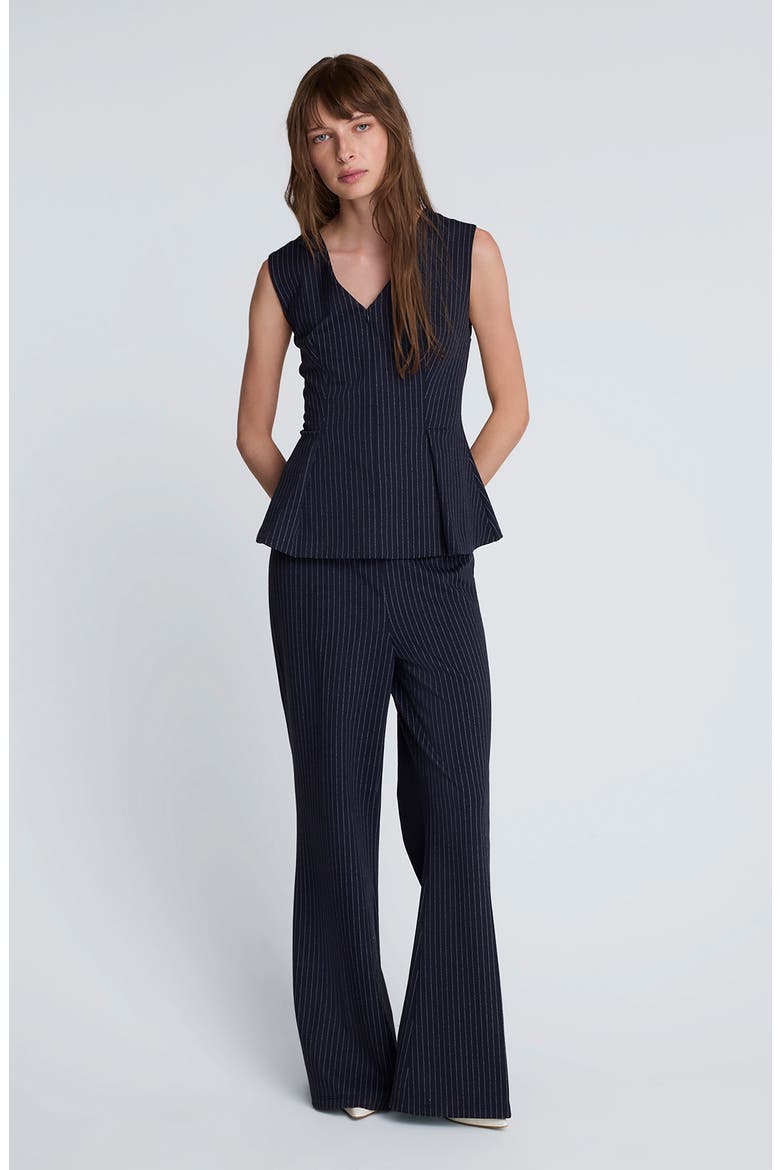 Pinstripe V-Neck Peplum Top, Alternate, color, DK NAVY/ PURE WHT MLT