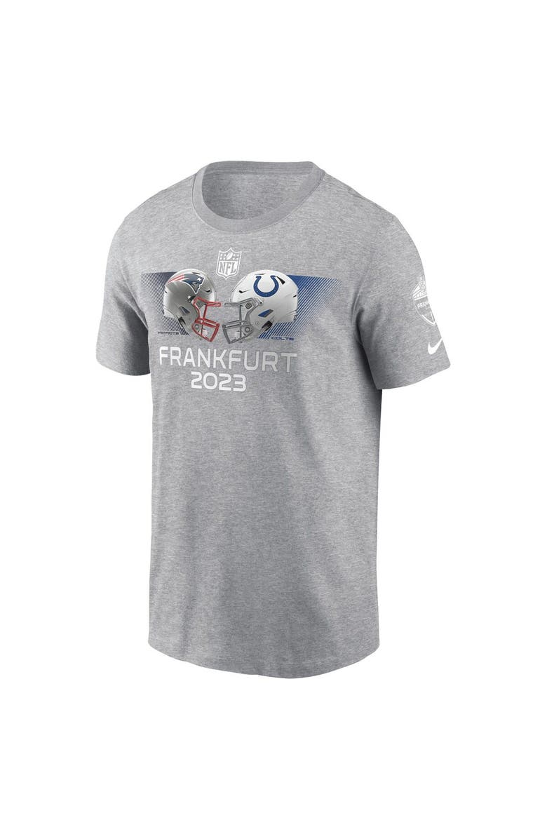 Nike Men's Nike Heather Gray New England Patriots vs. Indianapolis Colts 2023 Frankfurt Game Essential T-Shirt, Alternate, color, Heather Gray