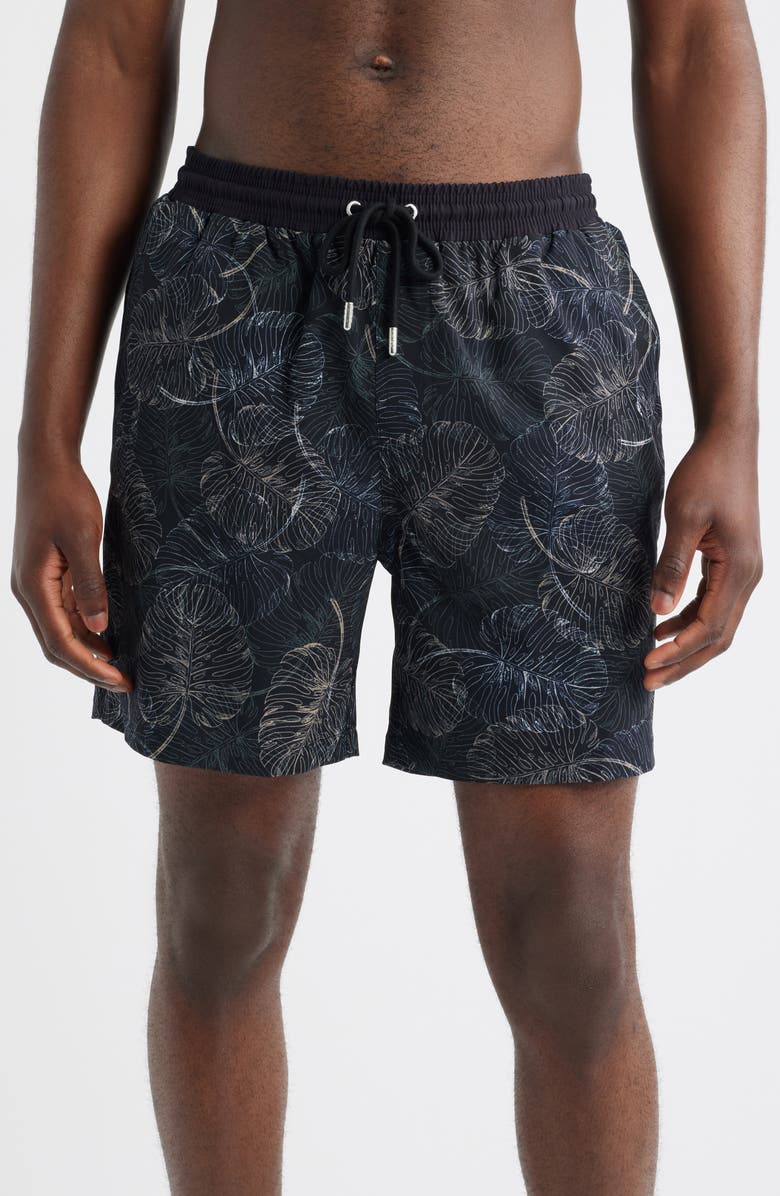 Stone Rose Jungle Monstera Print Swim Trunks, Main, color, 