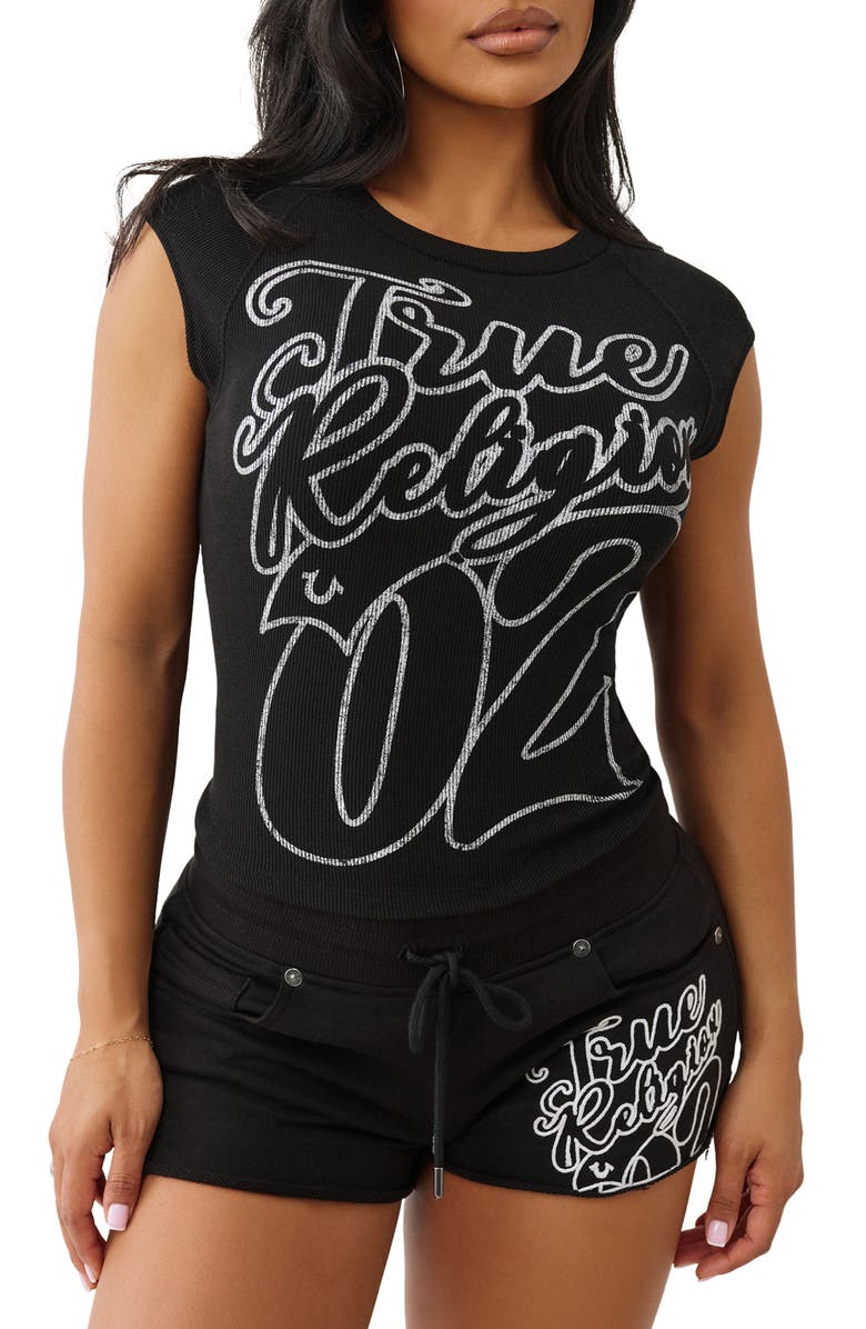 True Religion Raglan Sleeve Rib Graphic T-Shirt, Main, color, Jet Black