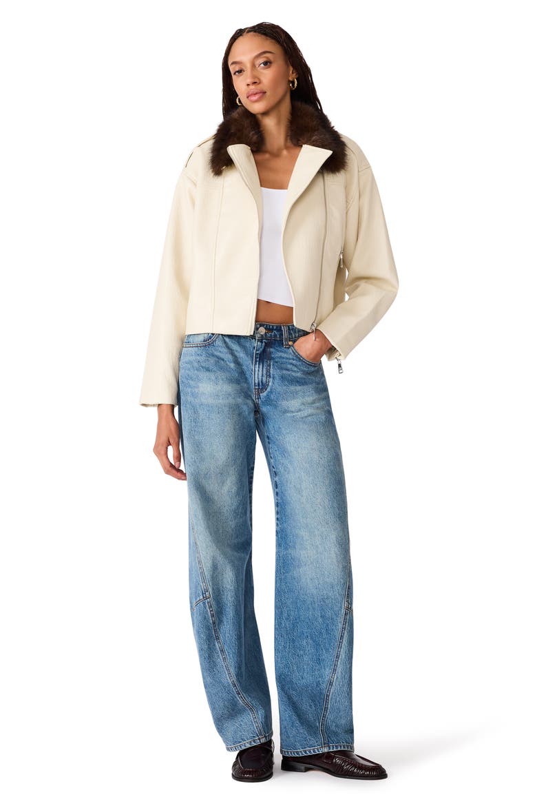 Silas Faux Leather Jacket with Faux Fur Collar, Alternate, color, BONE