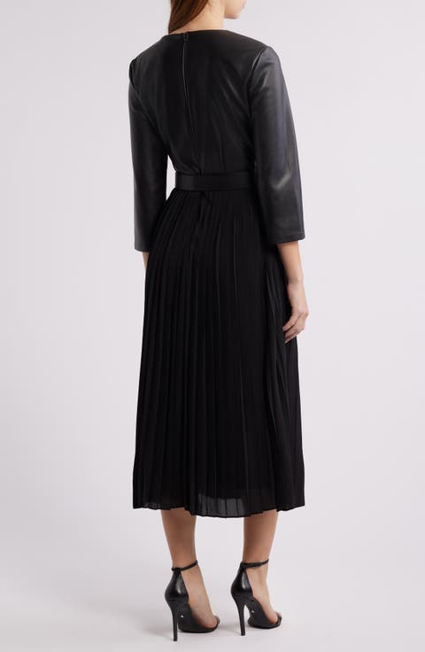 Knox Faux Leather Bodice Pleated Maxi Dress