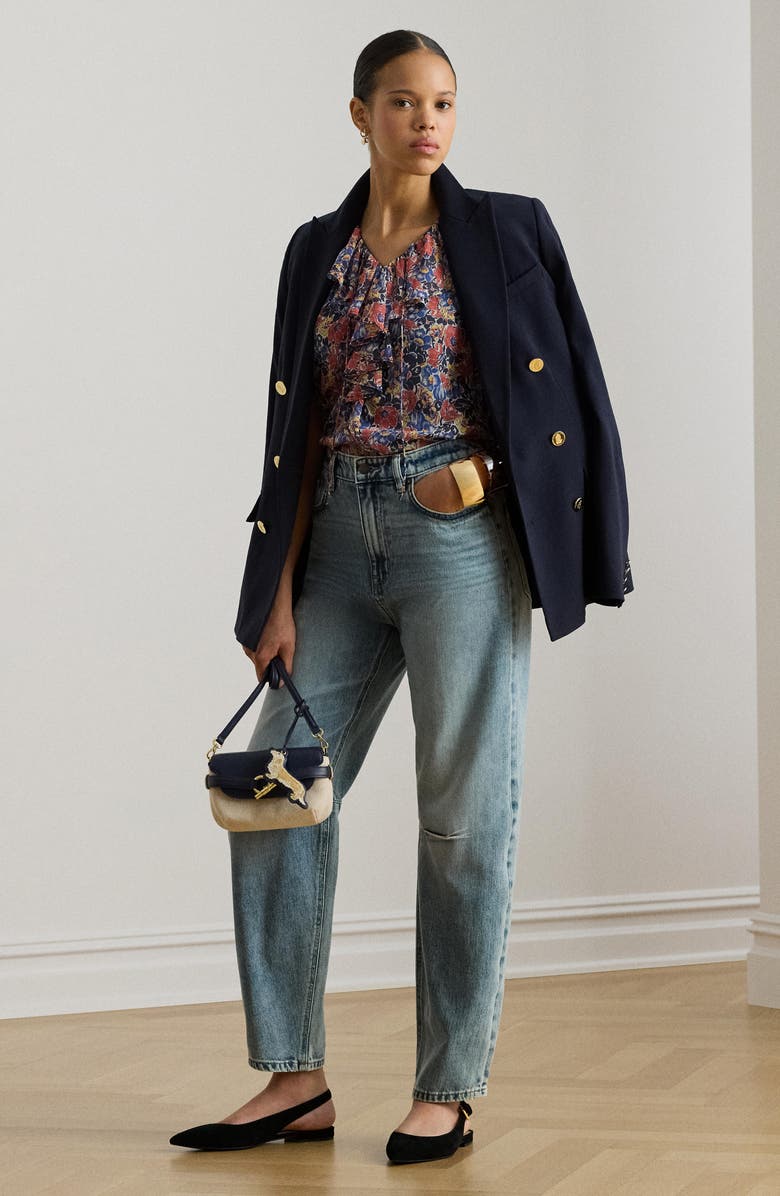 Lauren Ralph Lauren Floral Ruffle Accent Top, Alternate, color, Cream/ Red/ Blue