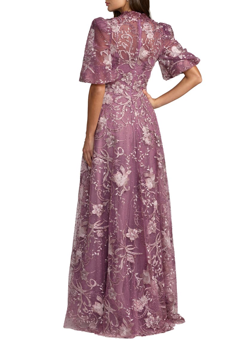 Petite Embroidered Queen Anne Puff Sleeve A Line Gown, Alternate, color, Wisteria