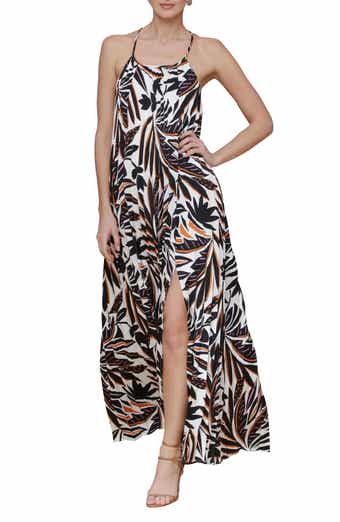 Avec Les Filles Print Satin Maxi Halter Dress