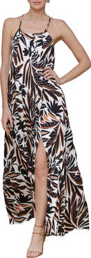 Avec Les Filles Print Satin Maxi Halter Dress
