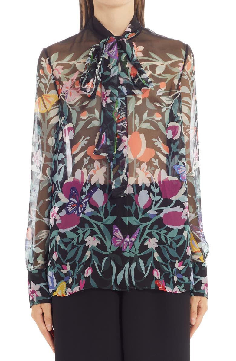 Valentino Floral Print Tie Neck Silk Blouse, Main, color,