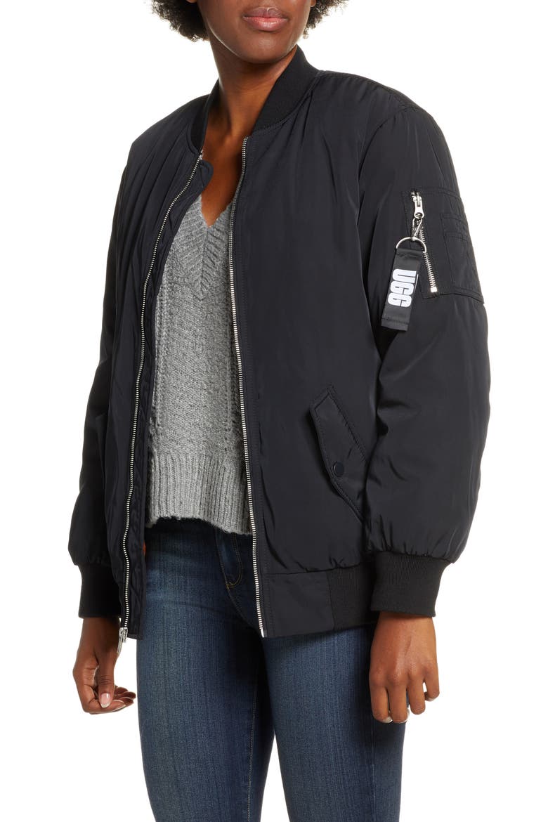 Frances Water Resistant Bomber Jacket, Main, color, BLACK