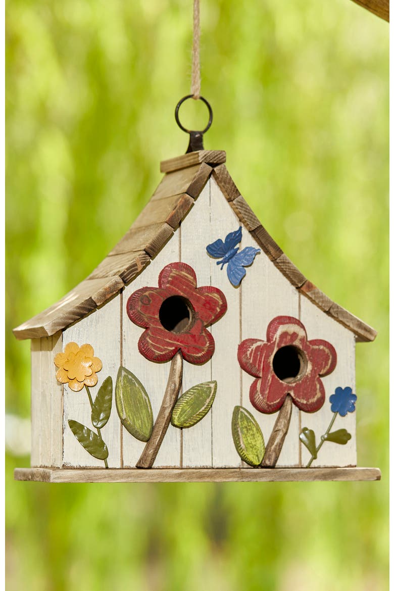 Distressed Solid Wood Birdhouse with 3D Flowers, Alternate, color, White
