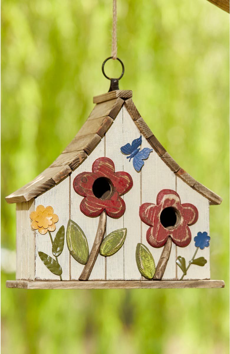 Glitzhome Distressed Solid Wood Birdhouse with 3D Flowers, Alternate, color, White