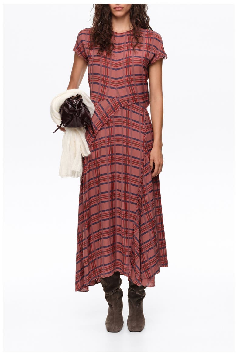 Checked Fluid Midi Dress with Flare, Alternate, color, GARNET