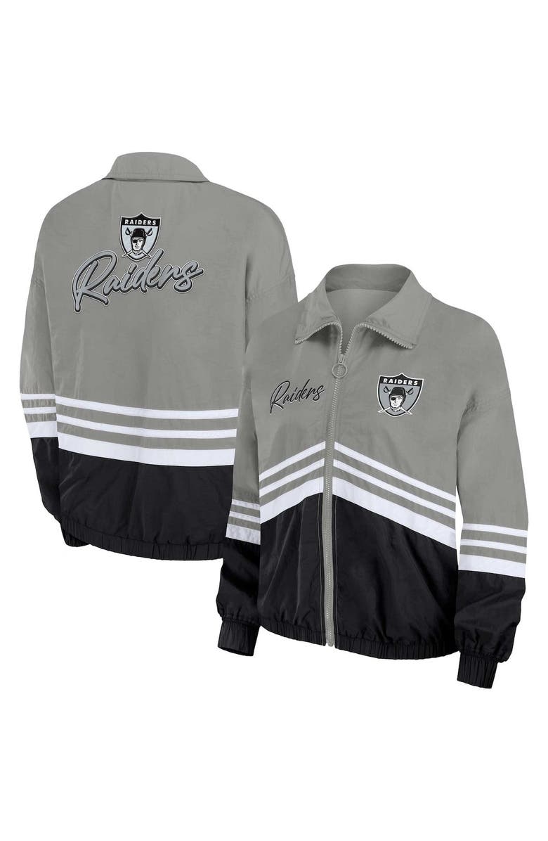 WEAR by Erin Andrews Women's WEAR by Erin Andrews Silver Las Vegas Raiders Vintage Throwback Windbreaker Full-Zip Jacket, Main, color, 