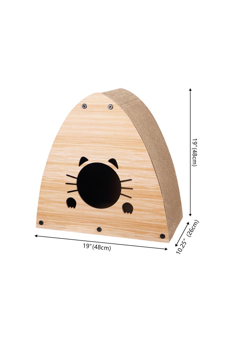 Koko Cardboard Triangle Cat Cave Scratcher with Catnip, Alternate, color, Brown Wood Grain Finish